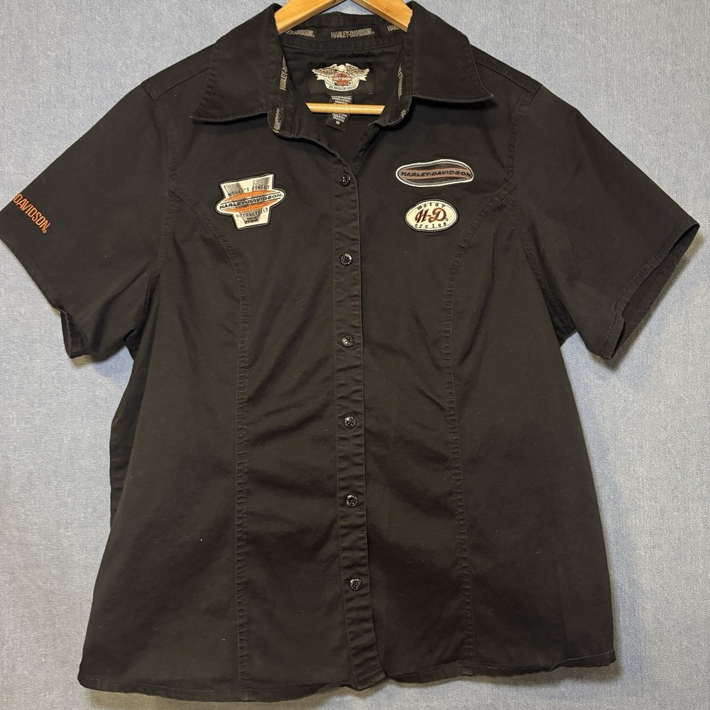 Harley Davidson 1X Classic Mechanic Garage Grunge Button Down Womens Black